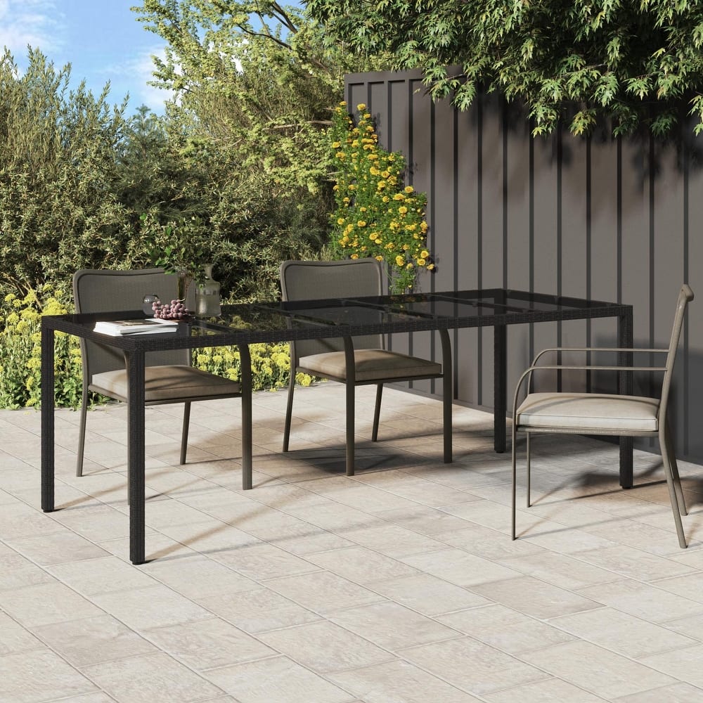 vidaXL Patio Table Outdoor Garden Dinner Table Tempered Glass and Poly Rattan - 98.4 x 39.4 x 29.5 in