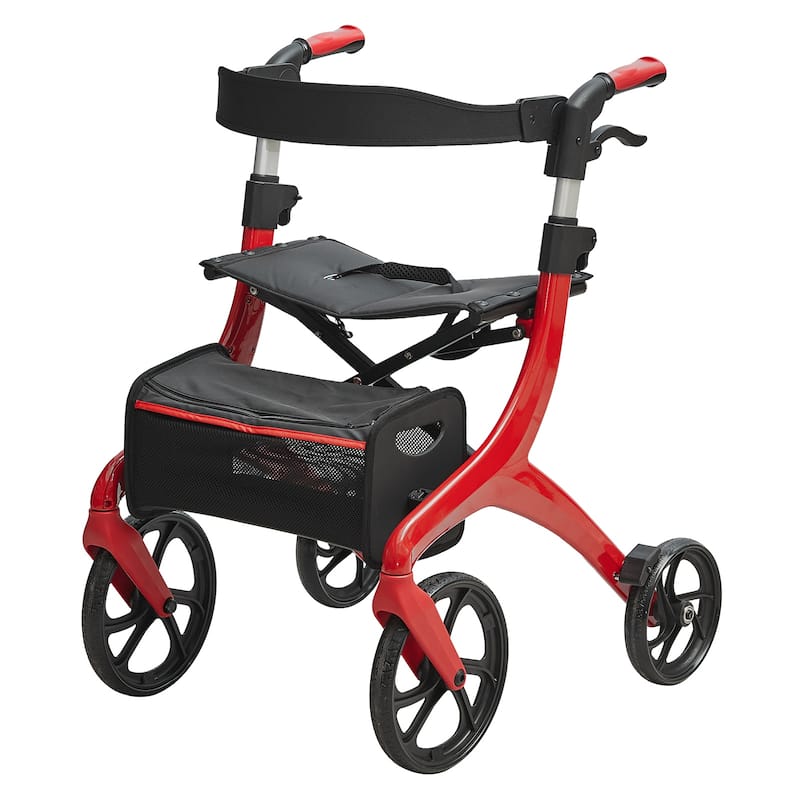 Folding Rollator Walker for Seniors and Adults, Lightweight Aluminum Rolling Walker with Seat and Adjustable Handle - Red