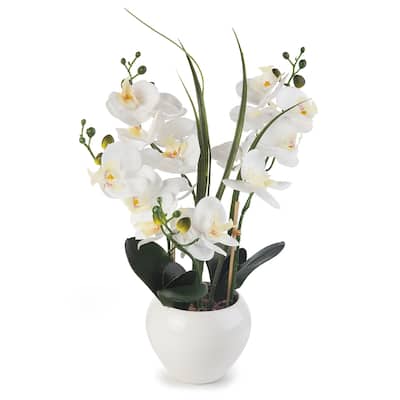 Enova Home Artificial Real Touch Orchids Faux Flowers Arrangement in White Ceramic Pot for Home Office Wedding Decoration