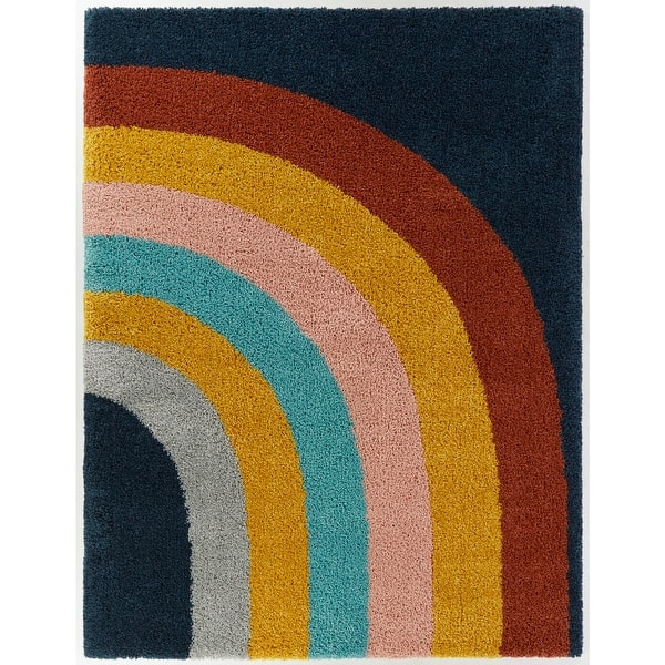 slide 2 of 8, Mod-Tod Amelia Rainbow Print Shag Kids Area Rug 4'4" x 6' - Navy Blue