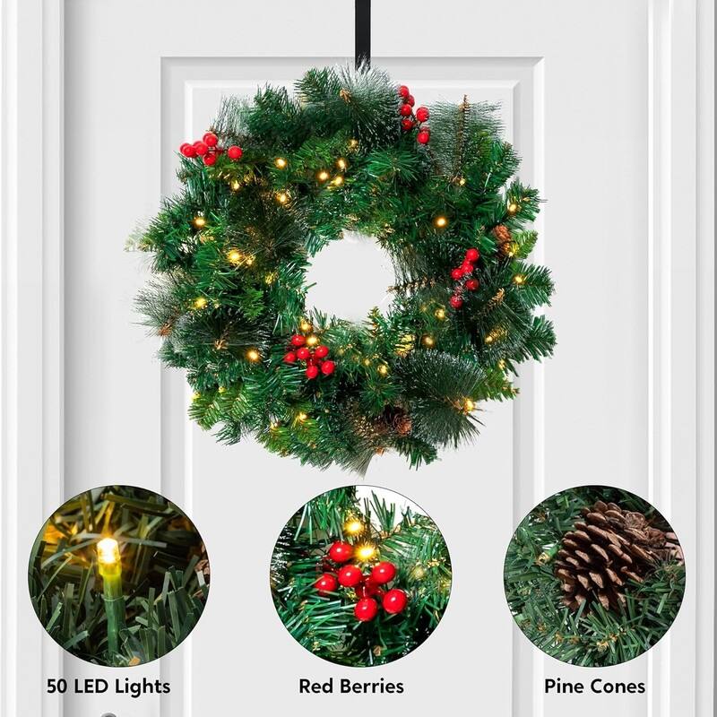 20" Artificial Christmas Wreath Prelit with 15" Hanger