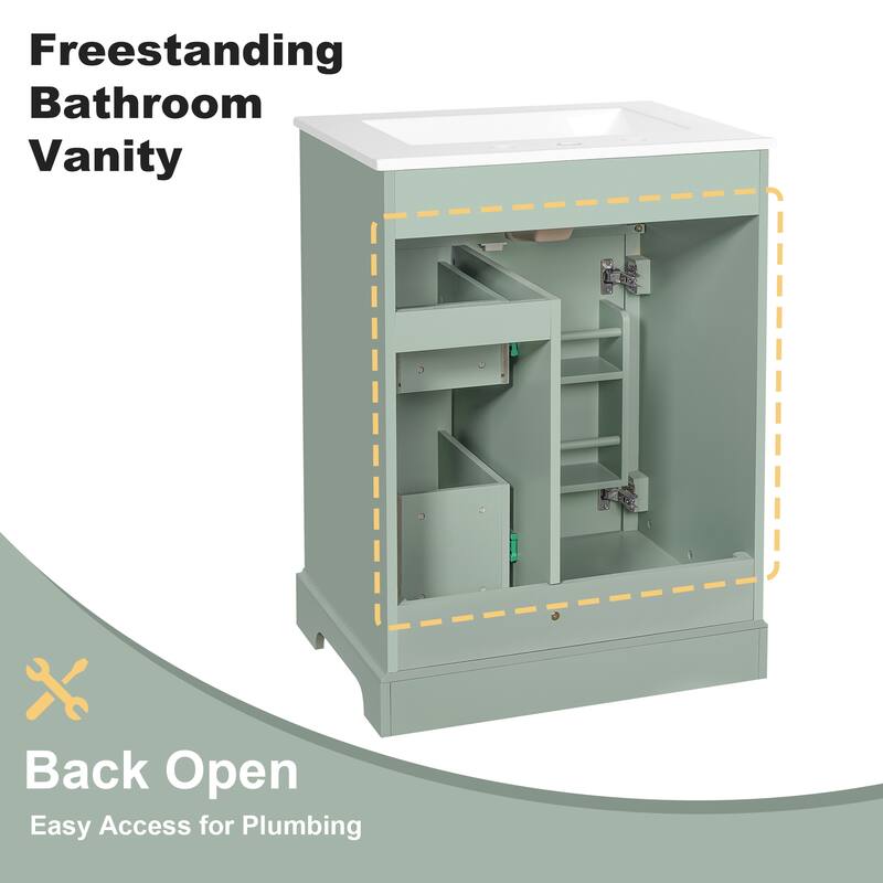 24" Bathroom Vanity with Sink, MDF & Pinewood Construction, 3 Drawers & Cabinet with 2-Tier Door Storage Rack, Soft-Close