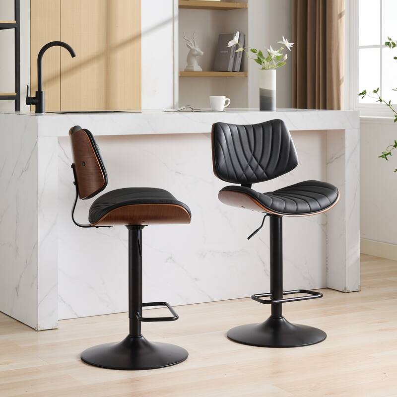 Roomfitters Mid-Century Adjustable Swivel Bar Stool, Walnut Bentwood PU Leather Counter Chair with Ergonomic Back - Black - Single