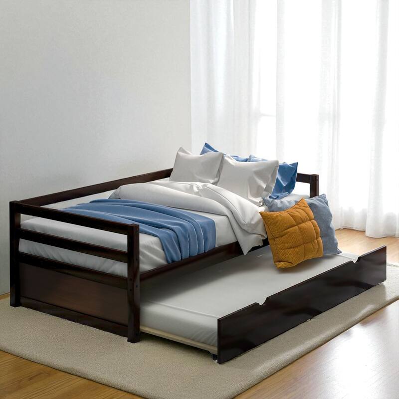 Twin Size Wood Daybed with Trundle, Solid Pine Frame, Guardrails and No Box Spring Required - Espresso - Twin