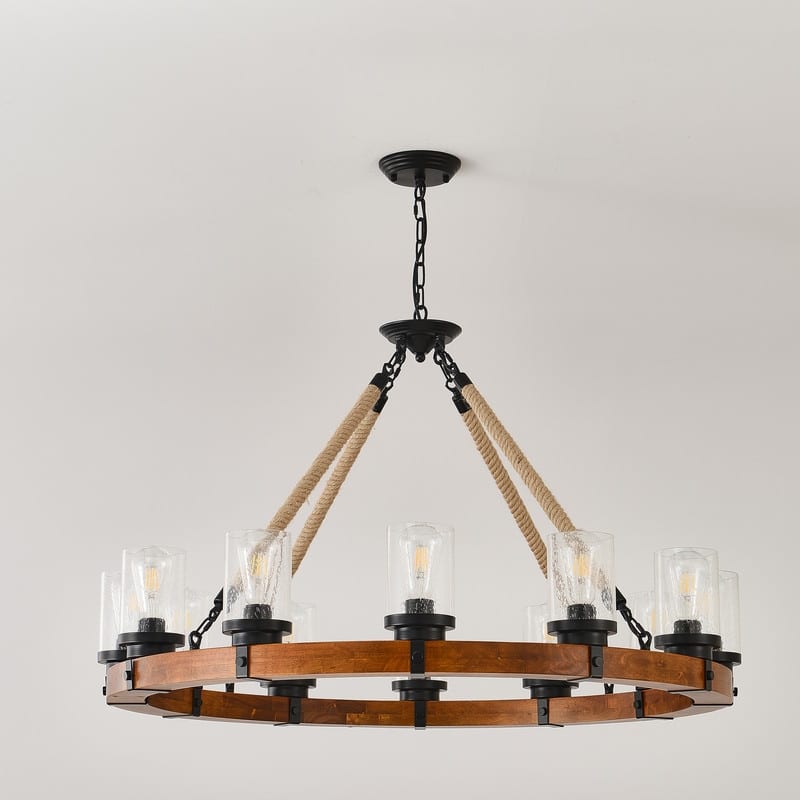 Farmhouse Wagon Wheel Chandelier Round Wood Pendant Lighting Fixture for Dining Room