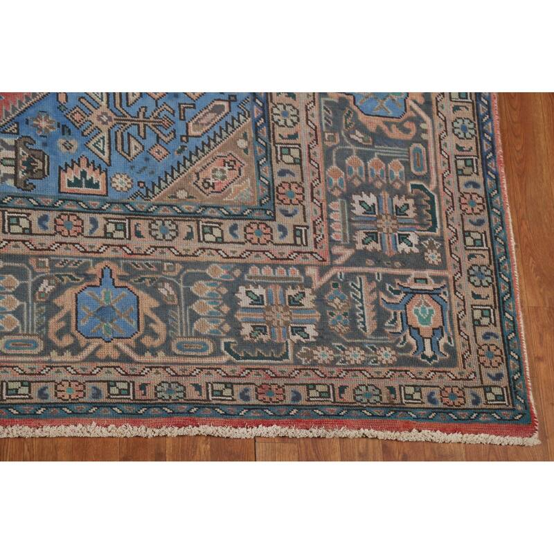 Pink Geometric Tabriz Persian Vintage Rug Hand-Knotted Wool Carpet - 9'8" x 12'11"