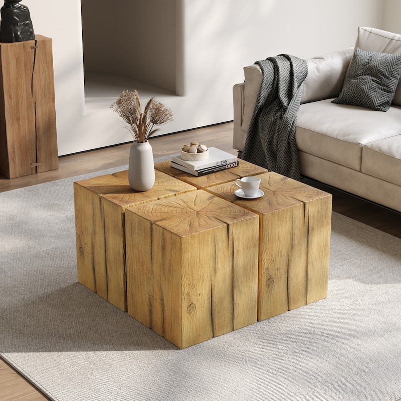 Distressed Wood-Effect End Table • Square Column Design in Multi-Height Set • Weather-Resistant for Indoor & Outdoor Decor