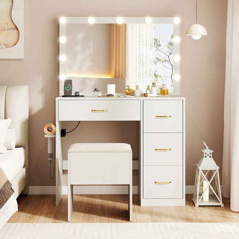 Vanity Desk and Stool Set with Lighted Mirror Built in Charging Station and Storage Drawers White - 35.5" x 16" x 53"