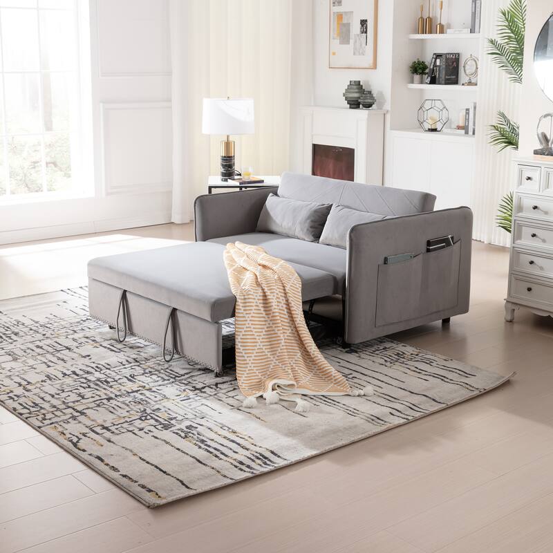 3 in 1 Convertible Sleeper Futon Sofa Bed, 55" Grey Velvet Loveseat with 2 Pillows, Reclining Backrest, Side Pockets