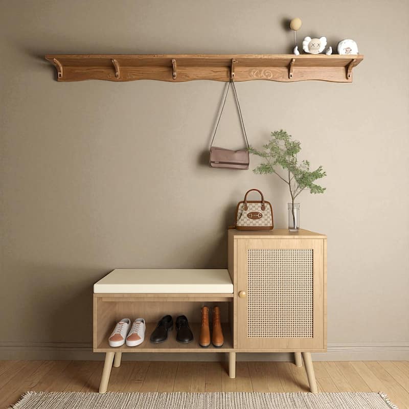 2-in-1 Shoe Storage Bench with Faux Rattan Doors, Adjustable Shelves & Removable Cushion for Entryway or Hallway - Natural