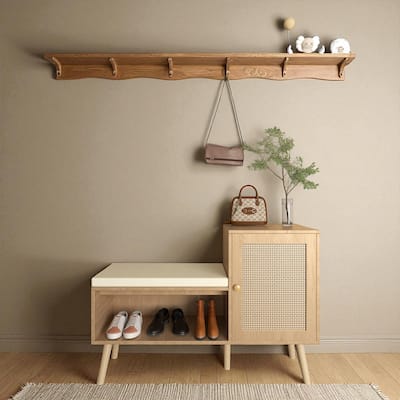 2-in-1 Shoe Storage Bench with Faux Rattan Doors, Adjustable Shelves & Removable Cushion for Entryway or Hallway