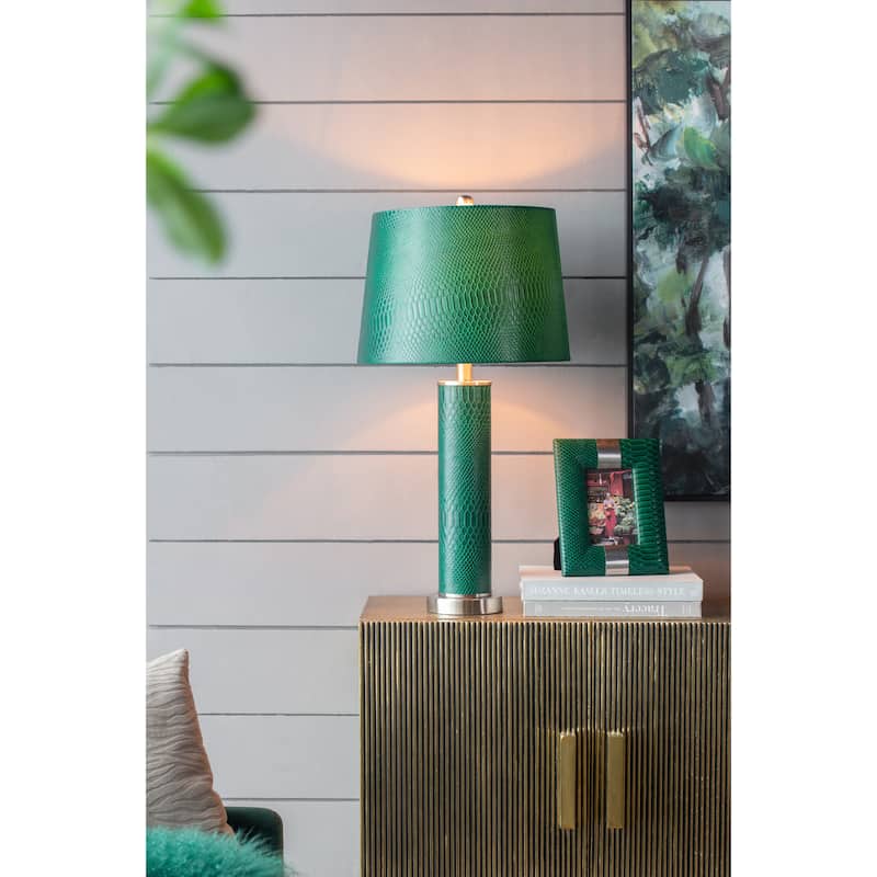 14x14x27 Inch Green Faux Leather Table Lamp with Crocodile Texture for Living Room Office