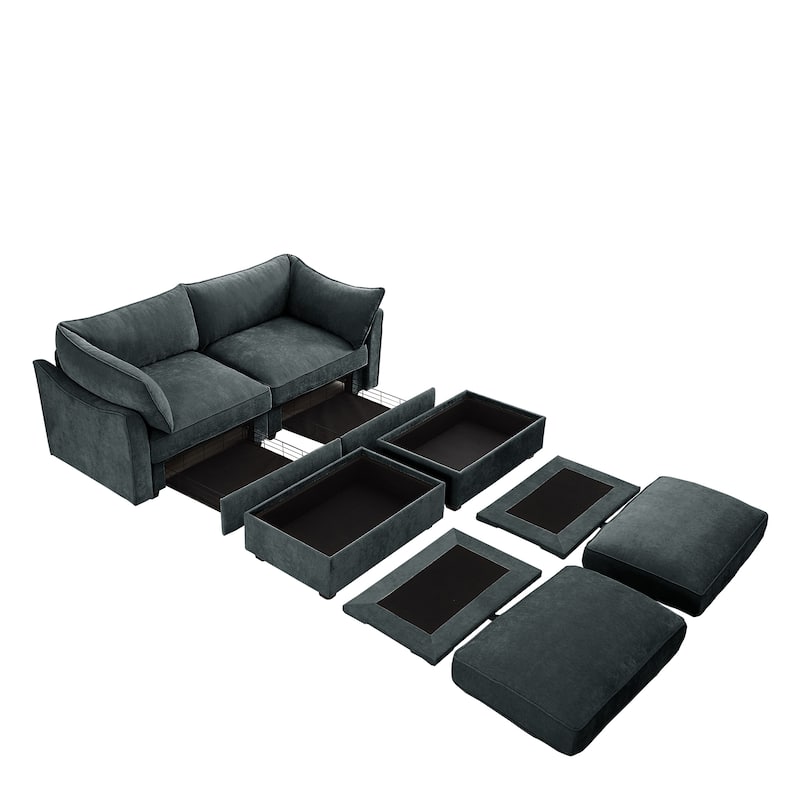 2-Seater Loveseat with 2 Movable Ottoman & Pull out Storage Drawer Under