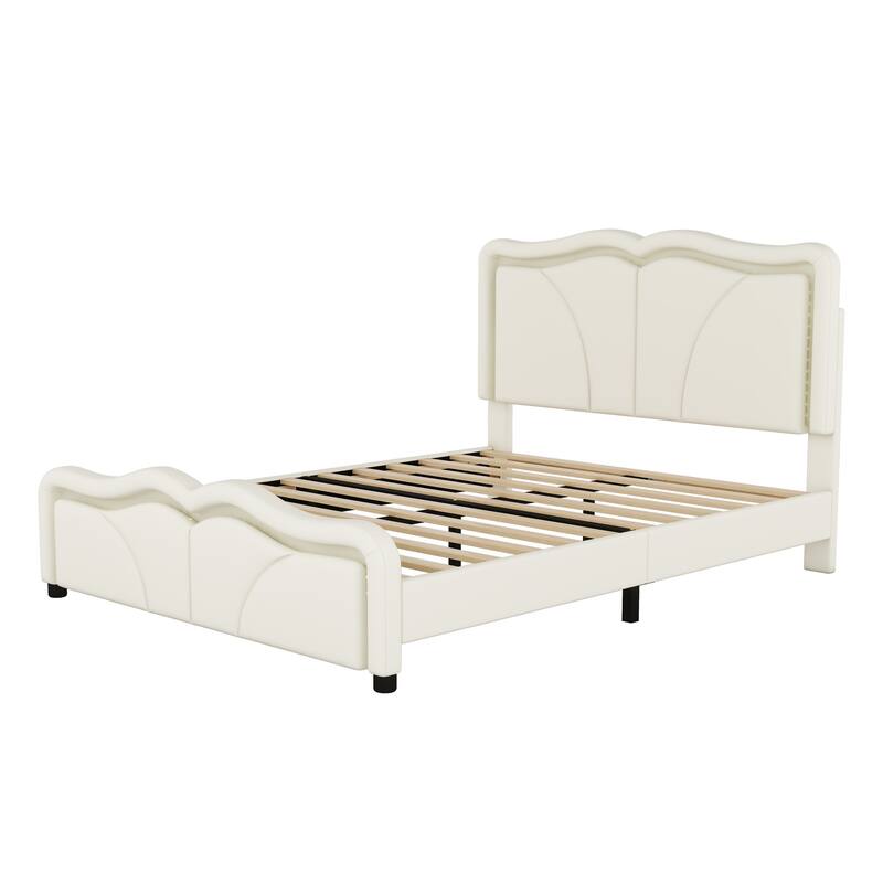 Full Size Upholstered Platform Bed with Curve Shaped and Height-adjustbale Headboard