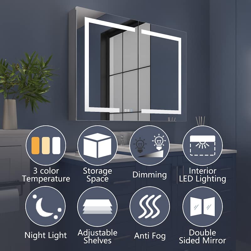 ExBrite 36" x 30" LED Lighted Bathroom Medicine Cabinet with Mirror,Recessed or Surface Mount,Defog