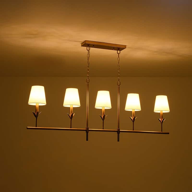 Mid-Century 5-Light Candle White Fabric Linear Island Pendant