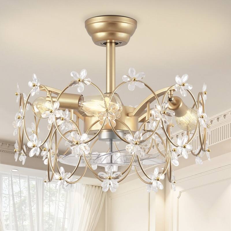 21 in. Indoor Golden Flower Crystal Ceiling Fan with Light, Ceiling Fans with Light and Remote, Flower Fandelier for Bedroom - Golden Crystal Flower Style
