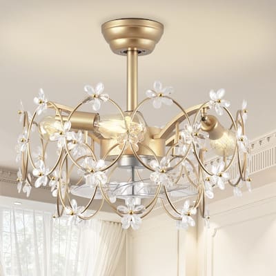 21 in. Indoor Golden Flower Crystal Ceiling Fan with Light, Ceiling Fans with Light and Remote, Flower Fandelier for Bedroom