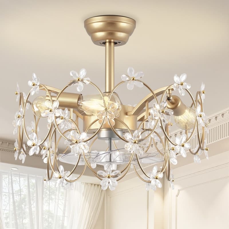 21 in. Indoor Golden Flower Crystal Ceiling Fan with Light, Ceiling Fans with Light and Remote, Flower Fandelier for Bedroom
