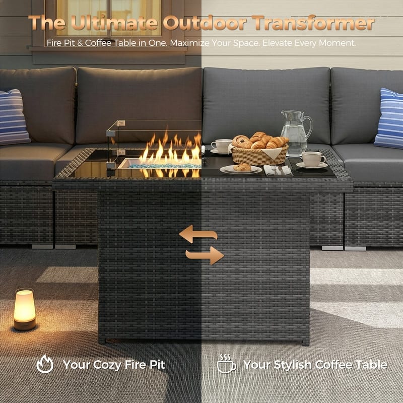 43" Wicker Outdoor Propane Fire Pit Table, 60,000 BTU, Wind Guard