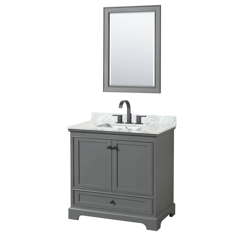 Wyndham Collection Deborah 36" Free Standing Single Vanity Set with - Dark Gray / White Carrara Marble Top / Matte Black - Steel Finish