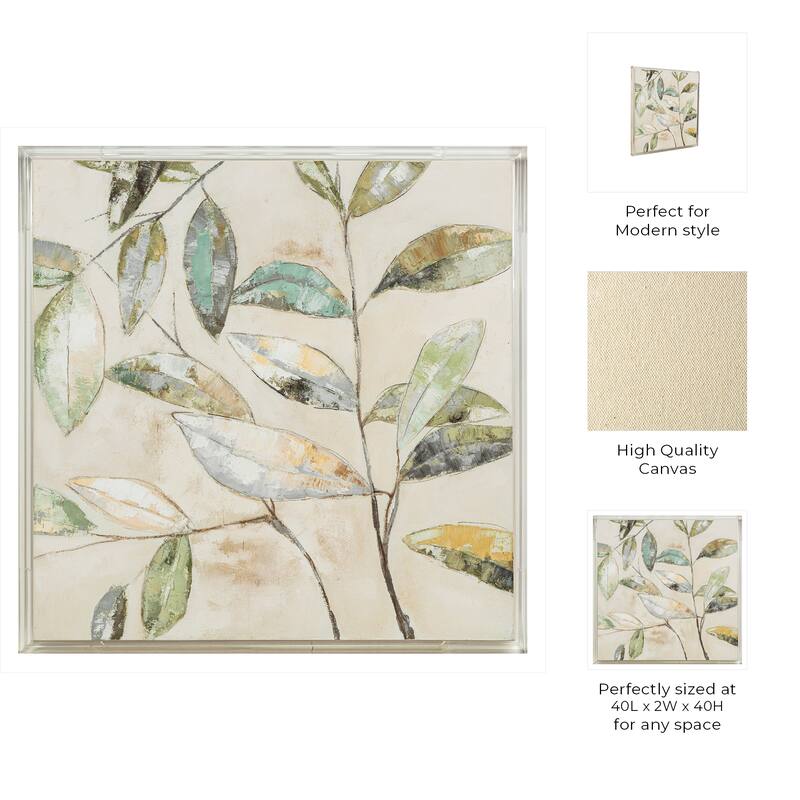 Canvas Wall Art Wood Frame Hand Painted Leaf Design - 40" Multi