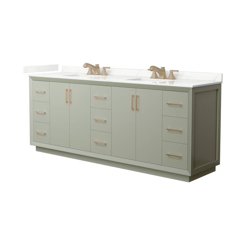 Wyndham Collection WCF414184D-QTZ-US3MXX Strada 84" Free Standing - Light Green / Giotto Quartz Top / Satin Bronze