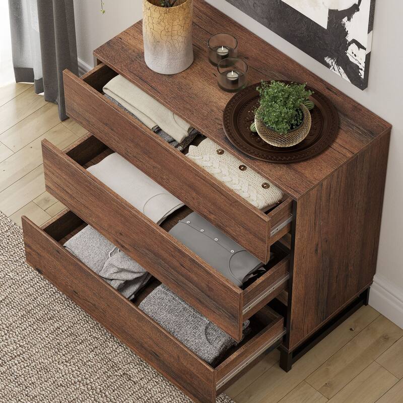 WAMPAT Nightstand with 3 Drawers for Bedroom, Modern Bedside Table with Black Square Iron Leg, Wood Rustic Side Table