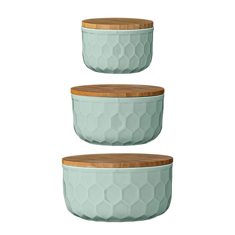 Set of 3 Round Mint Green Stoneware Bowls with Bamboo Lids