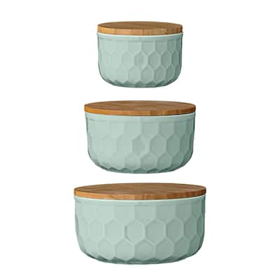 Set of 3 Round Mint Green Stoneware Bowls with Bamboo Lids