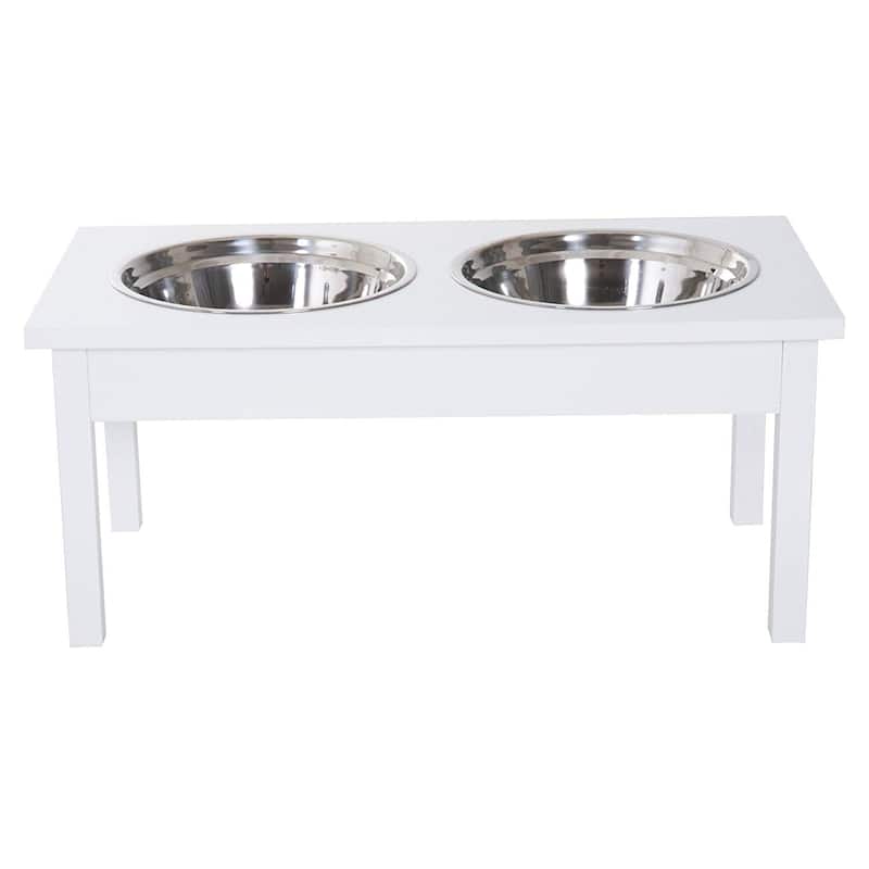 PawHut 23" Elevated Durable Wooden Heavy Duty Dog Pet Bowl Feeding Station - White