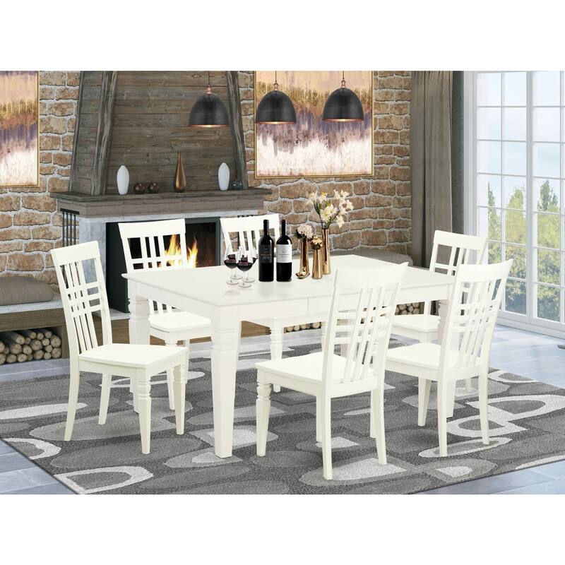 HomeStock 7-Piece Rectangle Linen White Finish Solid Wood Top Dining Table with 6 Chairs with Lattice Back