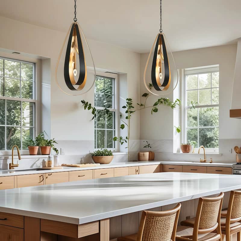 Dsmll Mid-century Modern 4-Light Chandelier Black Gold Lantern Pendant Lights for Dining Room