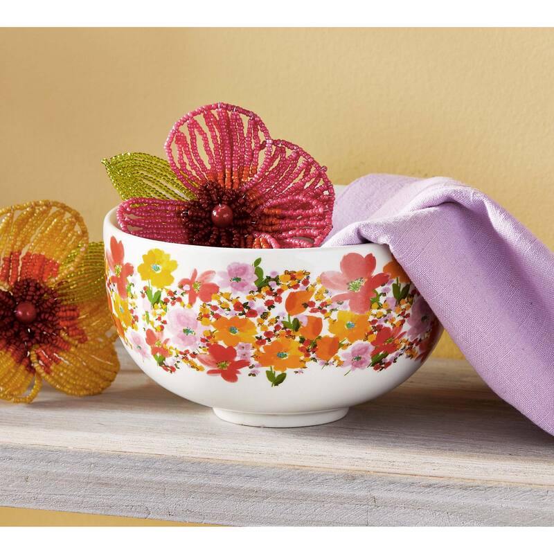 Springtime Floral Stoneware Snack Bowl White with Bright Floral Print, Dishwasher Safe, 20 oz.