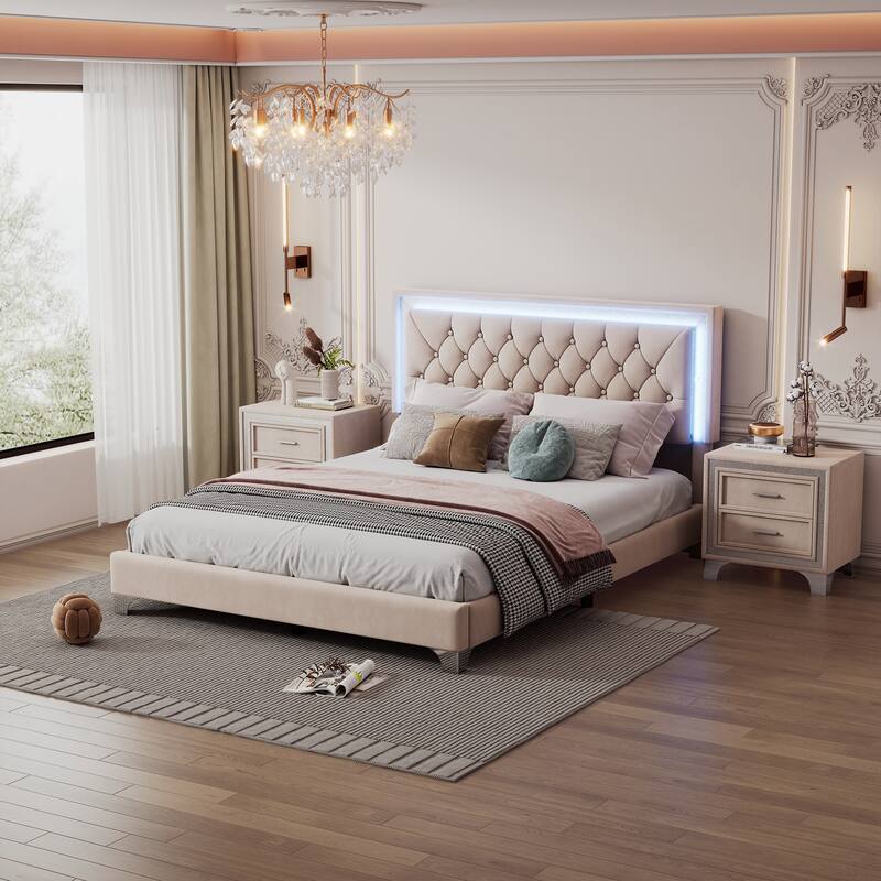 House Of Hampton® 3-Pieces Bedroom Sets,Queen Upholstered Platform Bed With Led Lights And Two Nightstands W112960571