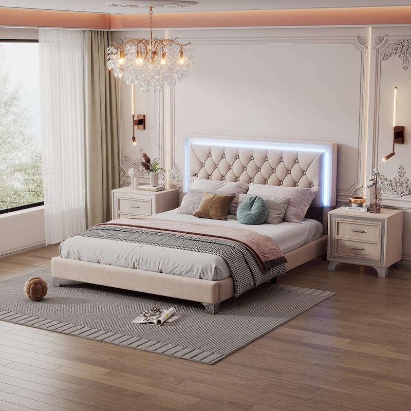 3-Pieces Bedroom Sets with Queen Size Upholstered Platform Bed and Two Nightstands