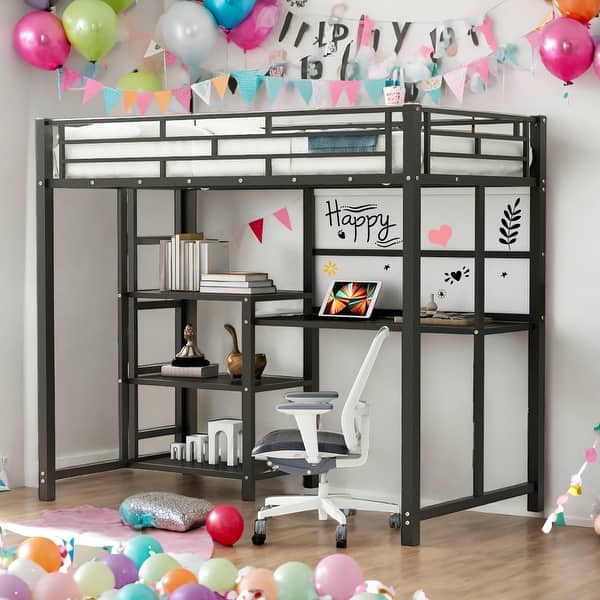 slide 2 of 9, Twin Size Loft Bed With Desk And Whiteboard And 3 Shelves And Ladder for Home Black
