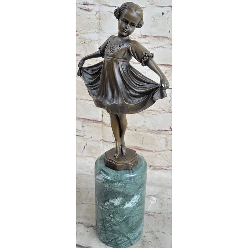 Curtsying Ballerina Girl Ballet Dancer Child Bronze Sculpture Statue Figure On Green Marble Base