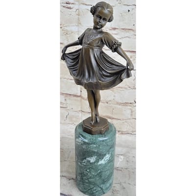 Curtsying Ballerina Girl Ballet Dancer Child Bronze Sculpture Statue Figure On Green Marble Base
