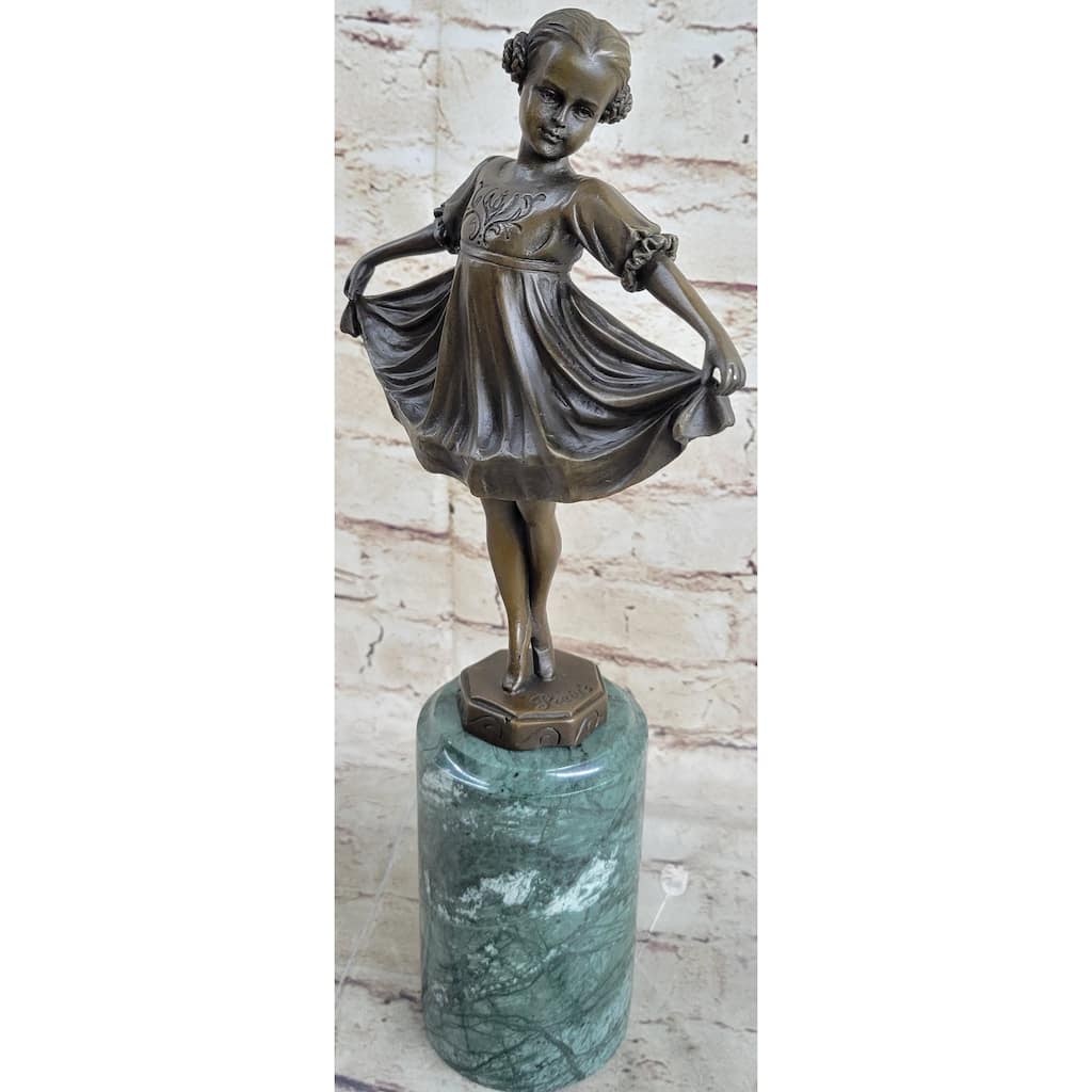 Curtsying Ballerina Girl Ballet Dancer Child Bronze Sculpture Statue Figure On Green Marble Base