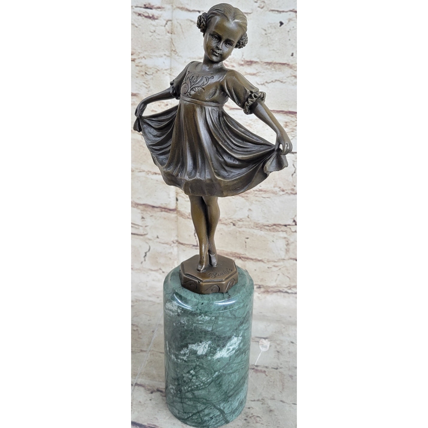 Curtsying Ballerina Girl Ballet Dancer Child Bronze Sculpture Statue Figure On Green Marble Base