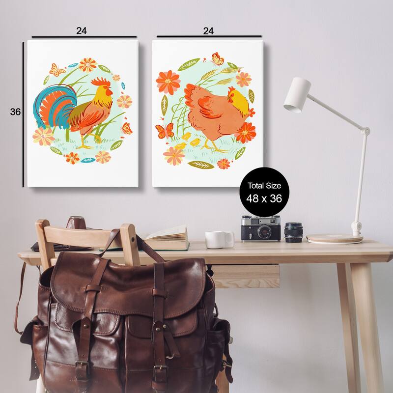 Stupell Rooster & Hen with Florals Canvas Wall Art Design By Hannah Moren (Set of 2)