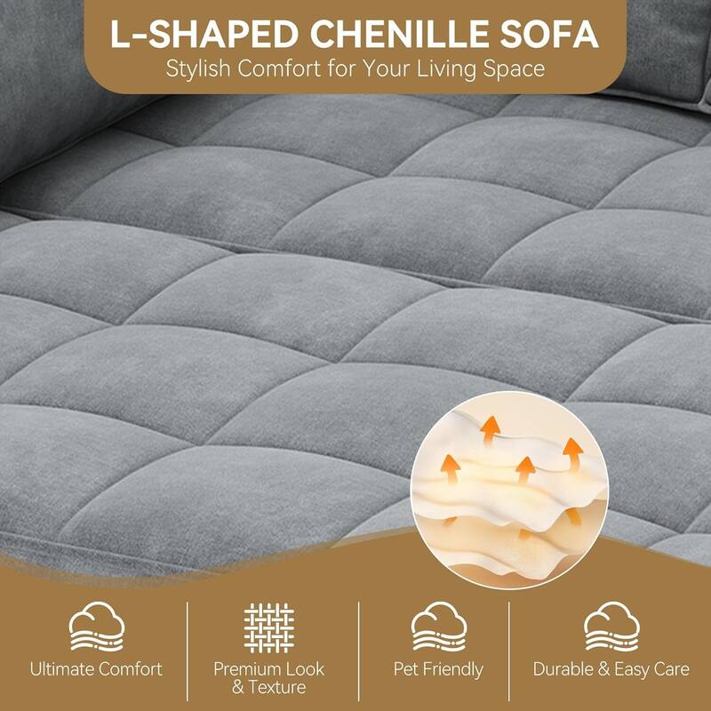 L-Shaped Chenille Convertible Sofa Couch, with Hidden Storage
