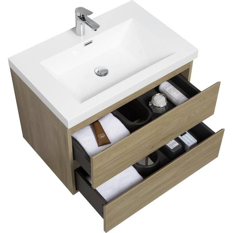 ABRUZZO 30" Floating Single Bathroom Vanity Wall-Mounted with Integrated Resin Top Basin 2 Soft Close Drawers Full Assembly