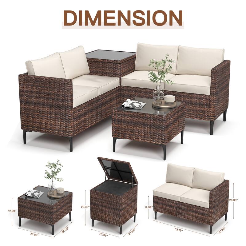 4-Piece Rattan Patio Set – Modular Sectional with Storage Box & Glass Table, Weather-Resistant for Outdoor Lounge,