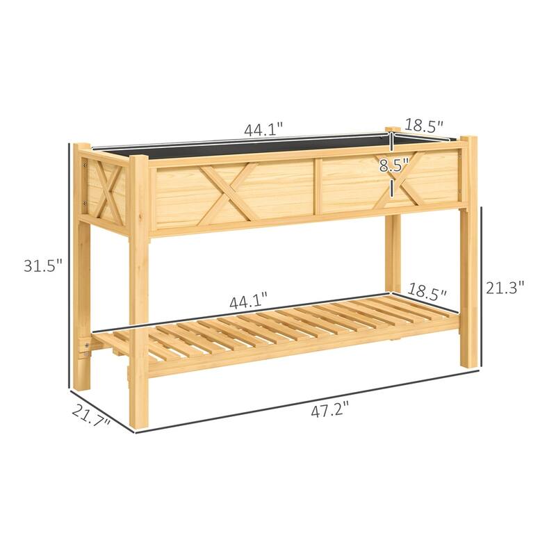 Wood 2-Tier Raised Planter with Shelf for Easy Gardening - 47.2" W x 21.7" D x 31.5" H