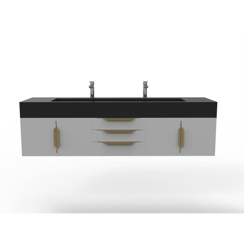 Nile 72" Wall Mounted Bathroom Vanity Set w/ Black Top