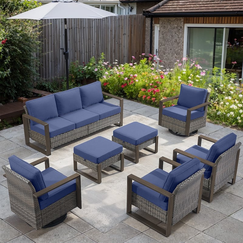 Gymojoy 7 Pieces Patio Sofa with Rattan Swivel Rocking Chair Ottomans Outdoor Conversation Set
