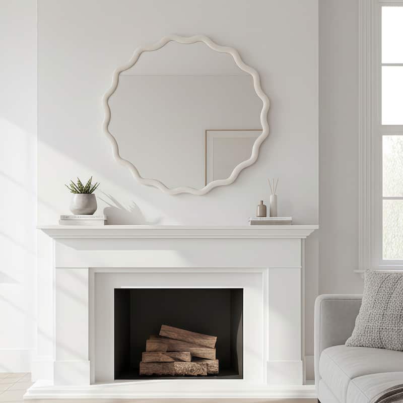 24 inch Wavy Round Solid Wood Frame Decorative Mirror,For Bedroom, Bathroom, Living Room, Entryway