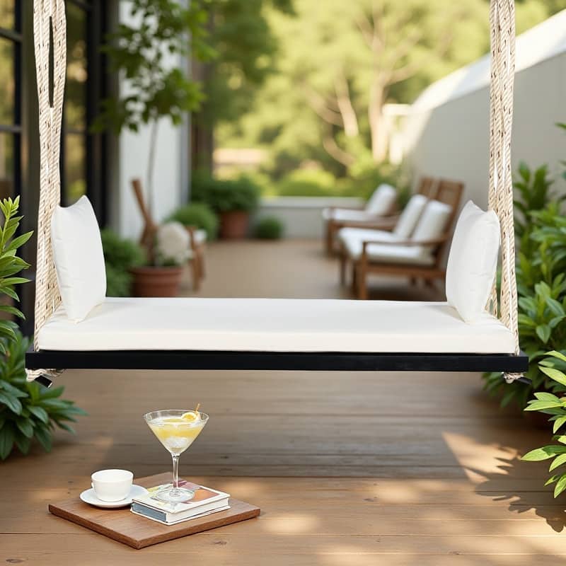 Acacia Wood Porch Swing Chair with Cushion and Pillows 10.8ft Hemp Ropes, 400lb Capacity